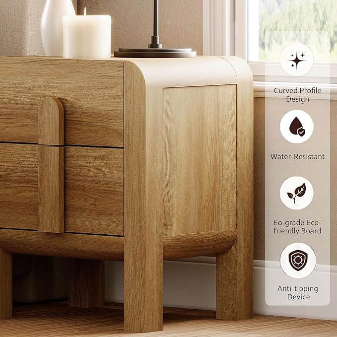 WAMPAT 23.7" Tall Modern Nightstand with Charging Station,Wood Bedside Table w/2 Storage Drawers,Curved Profile Design,Sofa Side Table End Table for Bedroom, Light Walnut