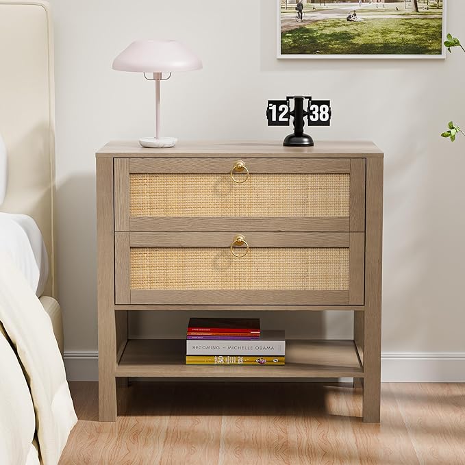 Rattan Nightstand with 2 Drawers and Storage Shelf, 26” Tall Wide Night Stand, Wood Large Bedside Table with Golden Handle for Bedroom, Side Table, Carbon Cherry