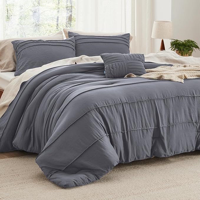 Bedsure Queen Comforter Set - 4 Pieces Pinch Pleat Bed Set, Dark Grey Boho Bedding for All Season, 1 Soft Comforter, 2 Pillowcases, 1 Decorative Pillow