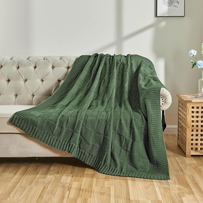 CozeCube Check Knit Throw Blanket, Christmas Green Checkered Bedroom Blanket for Couch, Soft Cozy Warm Knitted Blanket for Bed Sofa Living Room, Decorative Spring Fall Throw Blanket, 50"X60"
