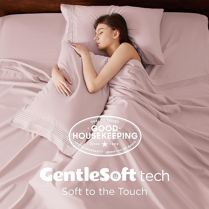 Bedsure Deep Pocket Full Size Bed Sheets Set - Fits Mattresses Up to 21 Inches Thick - 4 Piece GentleSoft Bed Sheets, Moisture Wicking, Cooling Bedsheet & Pillowcases, Easy & Secure Fit, Blush Pink