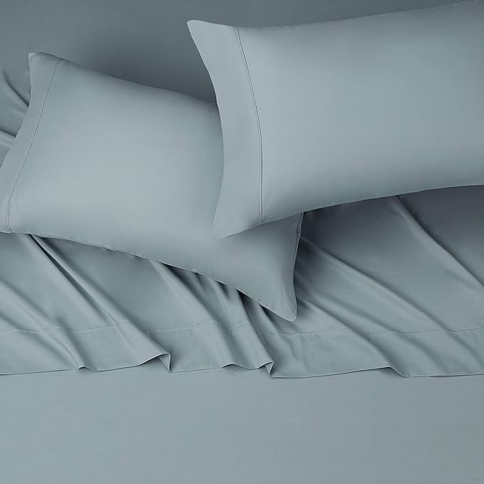 Amazon Basics Lightweight Super Soft, Wrinkle-Free Easy Care Microfiber 4 Piece Bed Sheet Set with 14-Inch Deep Pockets, Queen, Spa Blue, Solid