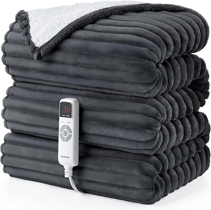 Hansleep Heated Blanket Electric Blanket Throw, Heating Blanket with 9 Heating Levels and 10-Hour Timer Auto Shut Off, Washable Soft Warm Winter Blanket, 50 x 60 Inches, Dark Grey