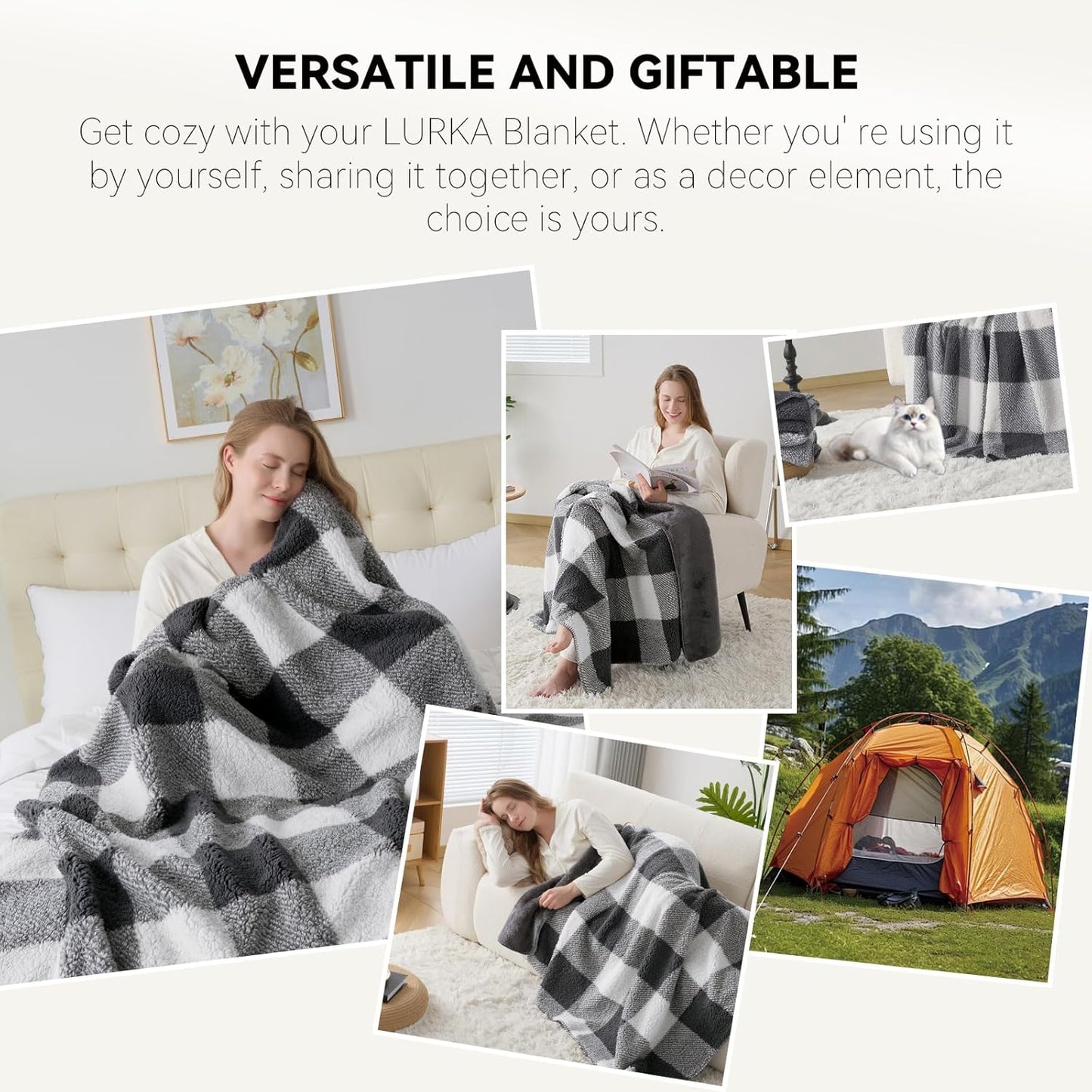 LURKA Checkered Sherpa Fleece Twin-Size Bed Blanket - Extra Thick and Warm Winter Soft Fuzzy Plush Blanket for Couches, Beds & Pets, Smoke Grey, 60x80 Inches