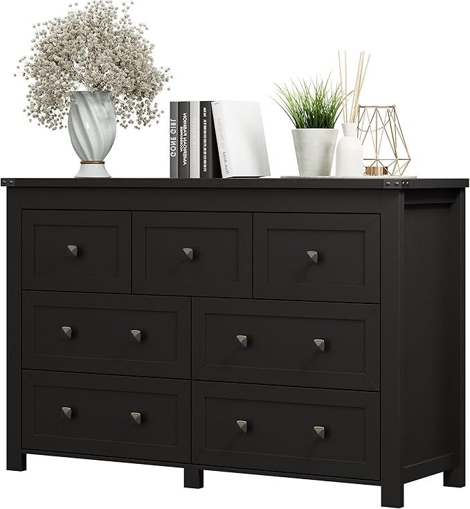 7 Drawer Dresser for Bedroom, Farmhouse Wood Chest of Drawers, Wide TV Stand Closet Storage Furniture with Metal Handle, Modern Wooden Clothes Organizer for Hallway, Living Room, Entryway, Black