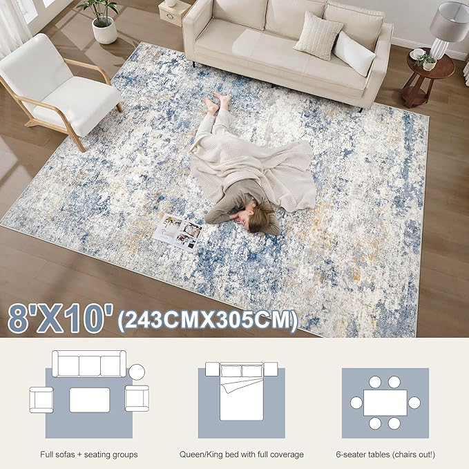 Area Rug Living Room Rugs - 8x10 Abstract Large Soft Indoor Washable Rug Neutral Modern Low Pile Carpet for Bedroom Dining Room Farmhouse Home Office - Blue