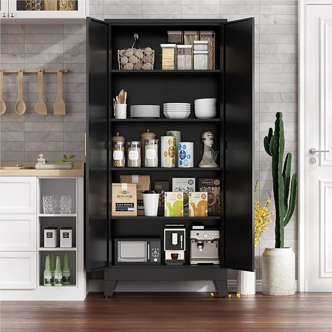 Farmhouse Pantry Cabinet with Barn Doors, 71" H x 31.5" W, 5-Tier Metal Storage Cabinet with 4 Adjustable Shelves for Kitchen Garage Dining Room, Black