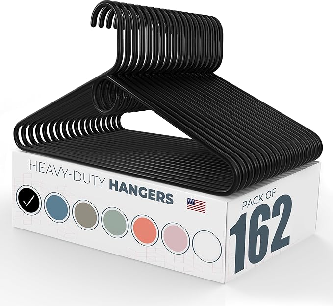 Neaties Heavy Duty Clothes Hangers 100+ Pack (162 Count) – Made in The USA – 8lb Capacity Plastic Hangers for Adult Clothing – Durable for Pants, Coats, Jackets, or Jeans – Black