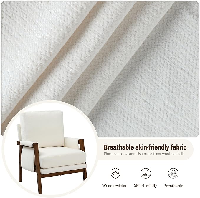 Accent Chairs for Living Room Set of 2, Modern Arm Chairs for Bedroom, Wooden Upholstered Mid Century Accent Chairs, Cream White