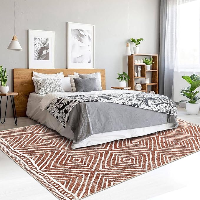 4x6 Rug, Small Area Rug for Living Room, Bedroom, Kitchen, Machine Washable Non-Slip Throw Rug, Low Pile Carpet Western Rug for Entryway Nursery Coffee Table, Brown Red
