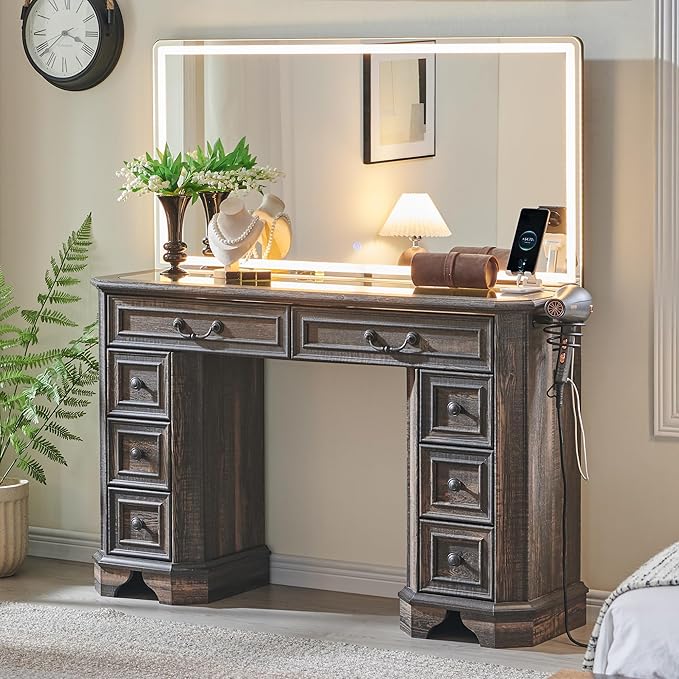 T4TREAM Makeup Vanity Desk with 48" HD Lighted Mirror, Farmhouse Vanity Table with 8 Drawers, Vanity Desk with 3 Color Modes, Dressing Table with Glass Top and Power for Bedroom(Dark Rustic Oak)