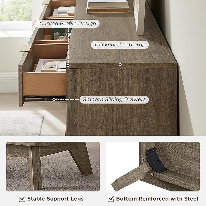 T4TREAM Fluted 9 Drawer Dresser, Modern Chest of Drawers, Curved Profile Design, Dresser TV Stand, Wood Drawer Organizer for Bedroom, Living Room, Hallway, Grey Alder