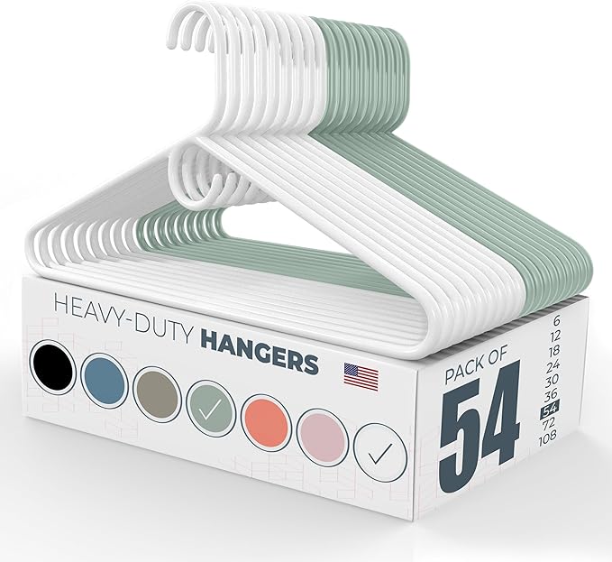 Neaties Heavy Duty Clothes Hangers 50 Pack (54 Count) – Made in The USA – 8lb Capacity Plastic Hangers for Adult Clothing – Durable for Pants, Coats, Jackets, or Jeans – White & Mint