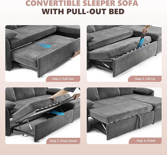 VINGLI Convertible Sofa Bed Couches for Living Room, Sleeper Sofa with Pull Out Couch Bed, Cloud-Like Plush Fleece L-Shape Sectional Couch with Storage Chaise, USB Charging, Side Pockets (Black)