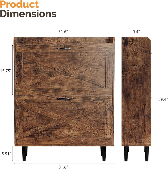VINGLI Shoe Storage Cabinet for Entryway with 2 Flip Drawers, Ultra Slim Freestanding Entryway Shoe Organizer with Wood Tapered Legs,Hidden Closed Shoe Rack,31.6" W * 9.4" D * 39.4" H, Rustic Brown