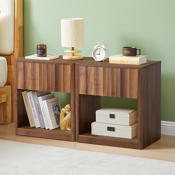 Fluted Dresser, Small Nightstands Set of 2, Walnut Bedside Table with Drawer and Storage, Mid Century Modern Side Table for Bedroom Sofa