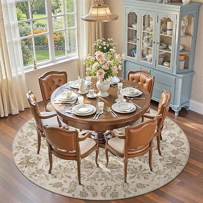 jinchan Torino Classic Floral Round Rug 8ft, Vintage-Inspired Neutral Design 8’Circle Rug, Machine Washable Ultra-Thin Low-Pile Non-Slip Indoor Carpet for Bedroom Dining Room Living Room, Taupe