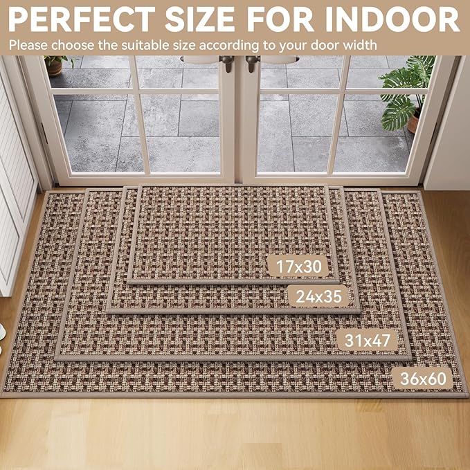 Door Mat 31x47, Dirt Resistant and Absorbent, Non-Slip Rubber Backing Floor Mats, Easy Clean Low-Profile Doormat for Entryway, Front Door, Inside Entrance Brown