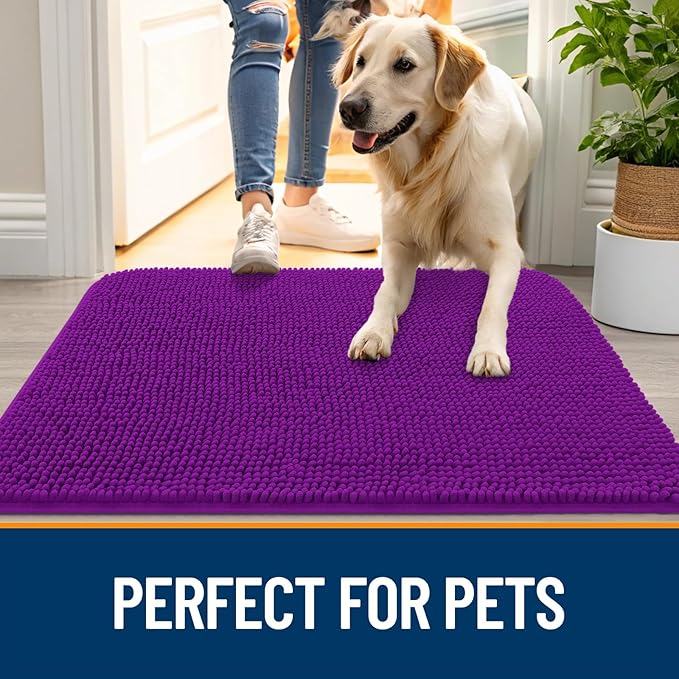 OLANLY Dog Door Mat for Muddy Paws 70x24, Absorbs Moisture and Dirt, Absorbent Non-Slip Washable Doormat, Quick Dry Chenille Mud Mat for Dogs, Entry Indoor Entryway Carpet for Inside Floor, Purple