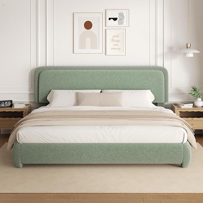 King Size Platform Bed Frame with Headboard, Boucle Upholstered Desige, Anti-Collision Corners, Soft Rounded Corners, No Box Spring Required, Easy Assembly, Noise Free