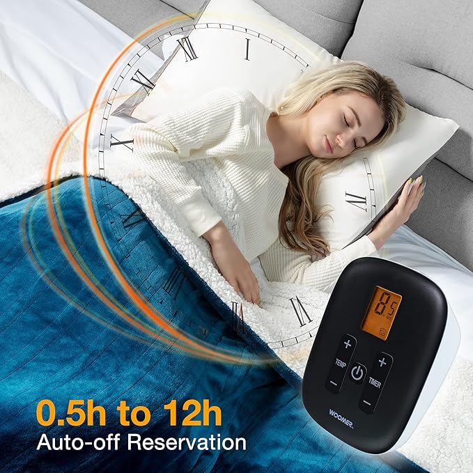 WOOMER Heated Blanket King Size,Durable Flannel and Soft Sherpa,Dual Control,90” × 100” Electric Blanket, 10 Heat Levels&0.5-12h auto-Off, Overheat Protection,Energy Efficient