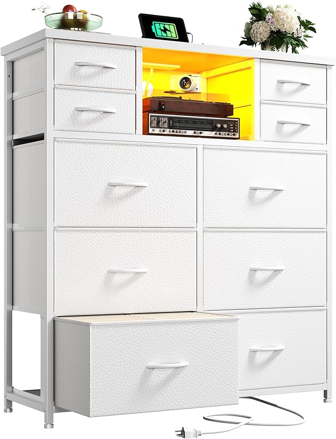 White Dresser for Bedroom with 10 Drawers Featuring LED Light and Power Outlet, Fabric Dressers & Chest of Drawers with Open Shelves for Hallway, Living Room, Steel Frame,Wood Top