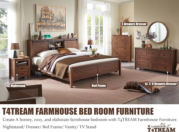 T4TREAM Farmhouse Nightstand Set of 2 with Charging Station, Rustic End Table with 2 Drawers, Storage Open Shelf for Bedroom, Living Room, Wood Side Table, Reclaimed Barnwood