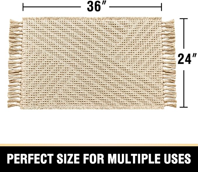 H.VERSAILTEX Waffle Bath Mat Super Absorbent Boho Bath Mat Non Slip Bath Rugs for Bathroom Floor Machine Washable Dry Fast Bathroom Rugs with Tassels, 24" x 36", Sand
