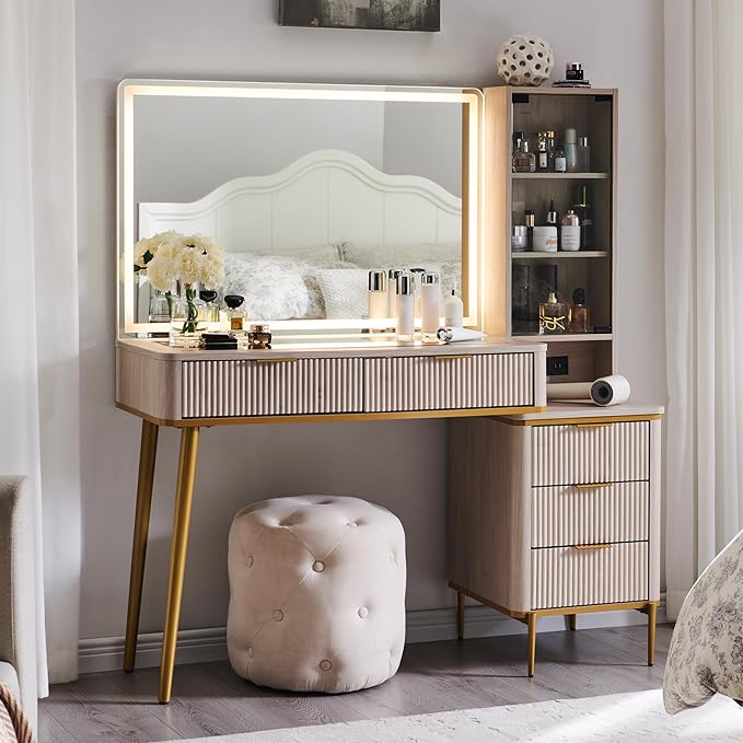T4TREAM Fluted Makeup Vanity Desk with 36" HD Lighted Mirror, 48" Big Modern Vanity Desk with Mirror and Lights, Dressing Table with 5 Drawers & Shelves, Glass Top for Bedroom (Alder White)