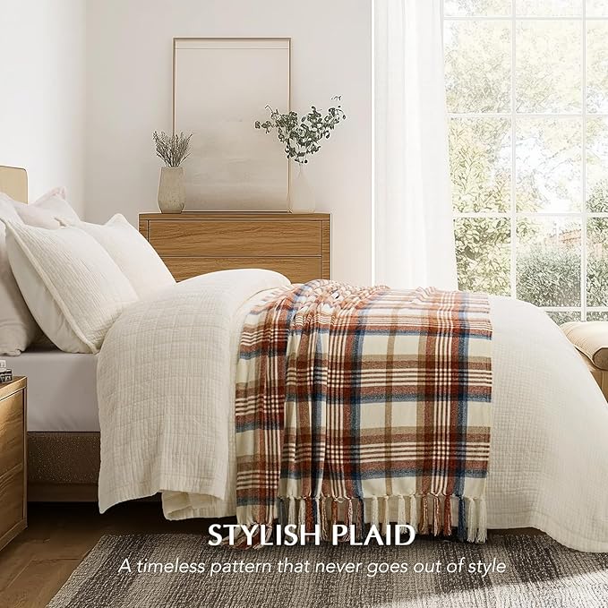EVERGRACE Plaid Chenille Throw Blanket for Couch, Super Soft Cozy Decorative Fall Throw Blanket with Tassels for Bed Sofa Farmhouse Decor, Lightweight Harvest Plaid Throw Blanket for Autumn, 60"x80"