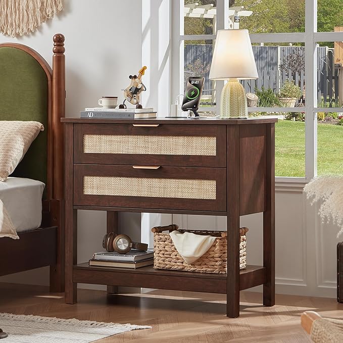 LEYAOYAO 31.5" Wide Rattan Night Stand with Charger Station, Oversized Large Walnut Nightstand with 2 Drawer, Boho Bed Side End Tables with Storage, Tall Bedside Table for Bedroom Living Room, Hallway