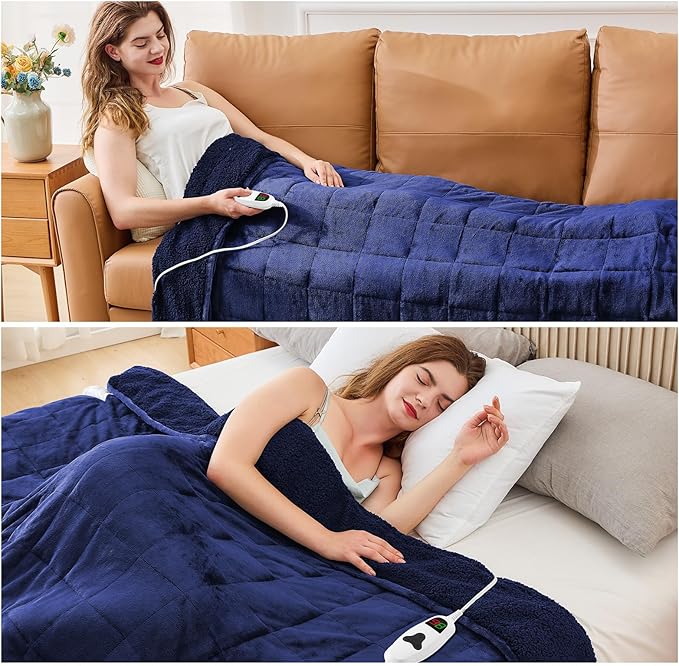 CYMULA Heated Weighted Blanket for Adults, Weighted Heated Blanket 48" x 72", 15lbs Sherpa Fleece Weighted Electric Blanket Soft Heating Blanket with 10 Heating Levels & 1-8 Hours Auto Off, Navy