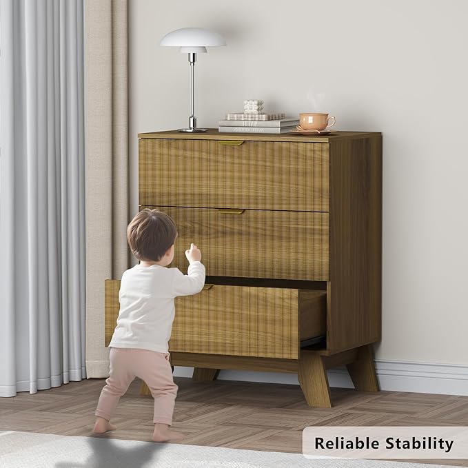 Fluted 3 Drawer Dresser, 30.3" Tall Compact Modern Boho Chest of Drawers, Wooden Storage Cabinet for Bedroom, Living Room, Entryway, Curved Profile Design