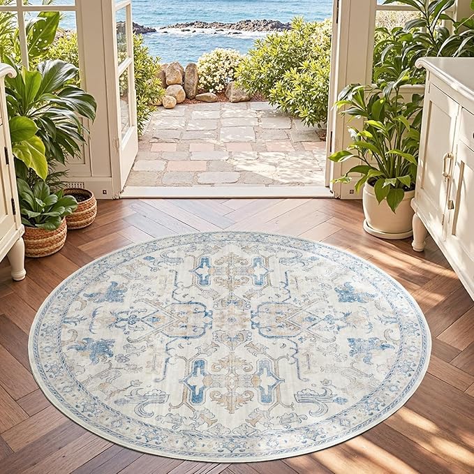 jinchan Round Rug 5ft Area Rug Indoor Vintage Floral Circle 5' Washable Ultra-Thin Low Pile Soft Small Non Slip Distressed Print for Living Room Dining Room Bedroom Entryway Blue