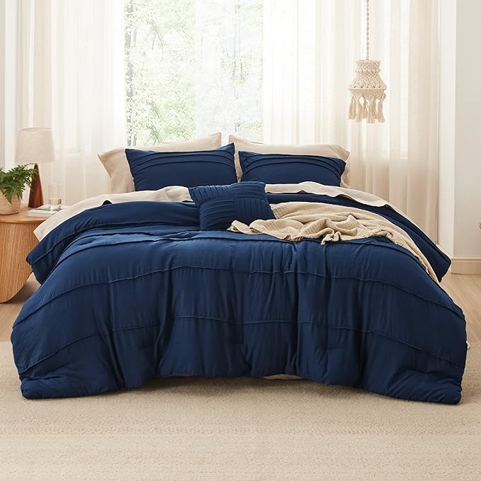 Bedsure Queen Comforter Set - 4 Pieces Pinch Pleat Bed Set, Navy Blue Boho Bedding for All Season, 1 Soft Comforter, 2 Pillowcases, 1 Decorative Pillow