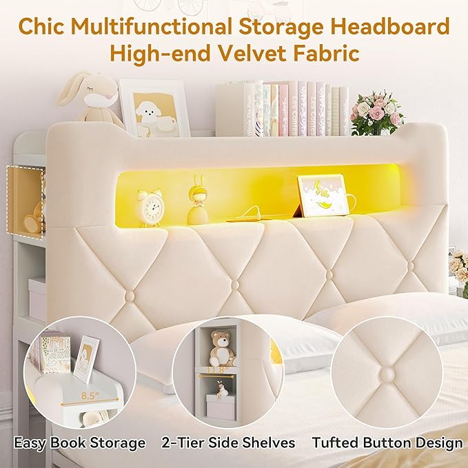 Queen Upholstered LED Bed Frame with 2 Storage Drawers and 2-Tier Storage Headboard,Velvet Princess Platform Bed with Charging Station&Bookcase,Heavy Duty Metal Support,No Box Spring Needed,Beige