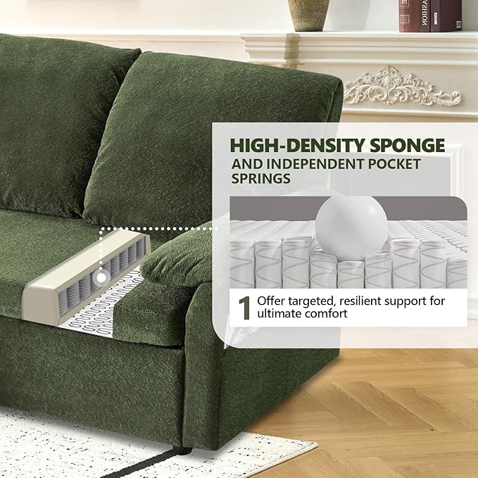 VINGLI Convertible Sofa Bed Couches for Living Room, Sleeper Sofa with Pull Out Couch Bed, Cloud-Like Plush Fleece L-Shape Sectional Couch with Storage Chaise, USB Charging, Side Pockets (Green)