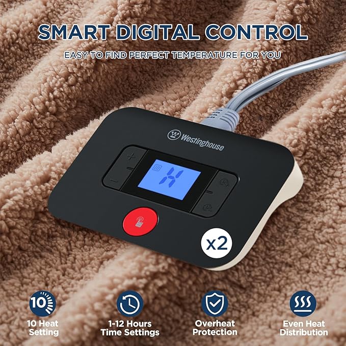 Westinghouse Electric Blanket Queen Size, Soft Plush Sherpa Heated Blanket with 10 Heating Levels & 1-12 Hours Auto-Off, Machine Washable, 84x90 inches, Camel