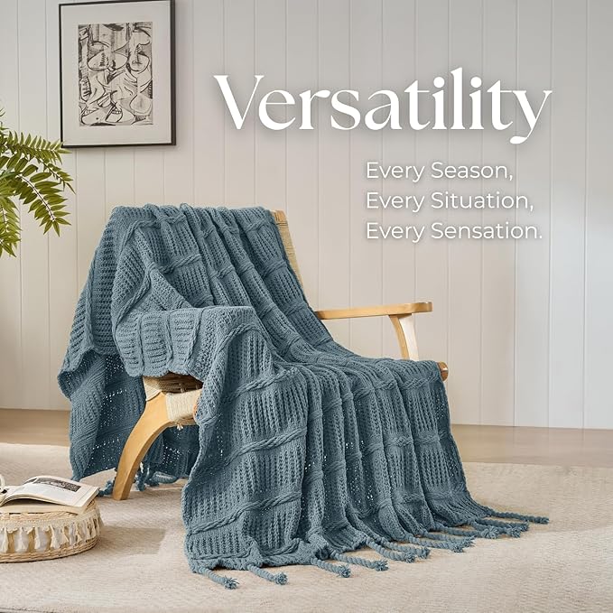 Boho Knitted Chenille Blanket with Tassels - Lightweight & Soft All-Season Throw - 3D Classic Pattern for Living Room Bedroom Couch, Celestial Blue, Queen 90"x90"