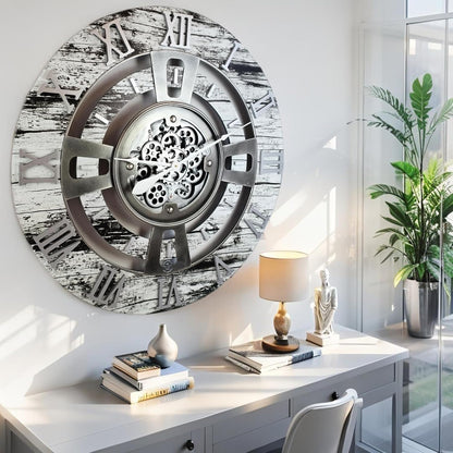 The Gears Clock 24'' Inch Real Moving Gear Wall Clock England Line (Grey & White, 24 inches (60 cm))