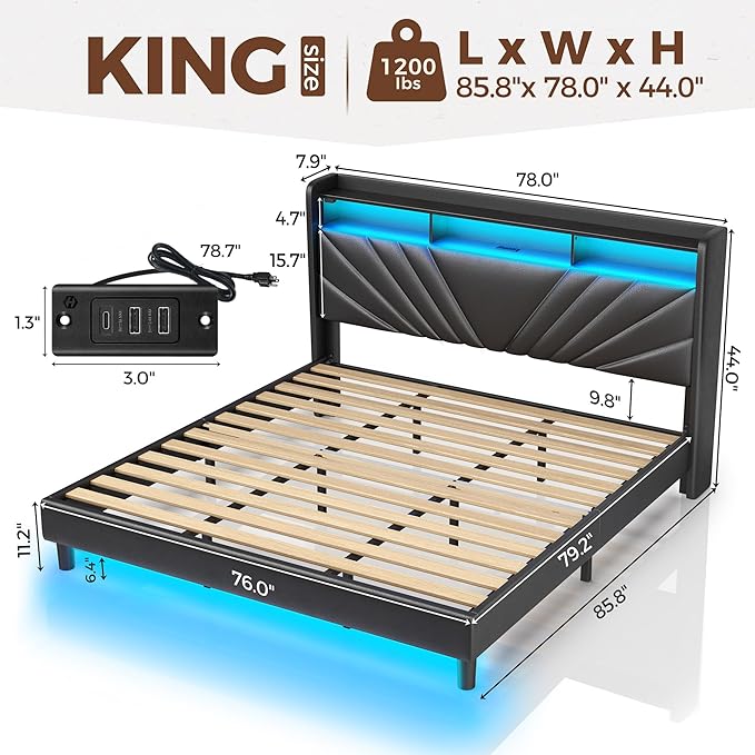 Rolanstar King Size Bed Frame, Storage Headboard with Charging Station and LED Lights, Upholstered Bed with Heavy Duty Wood Slats, No Box Spring Needed, Noise Free, Easy Assembly, Black
