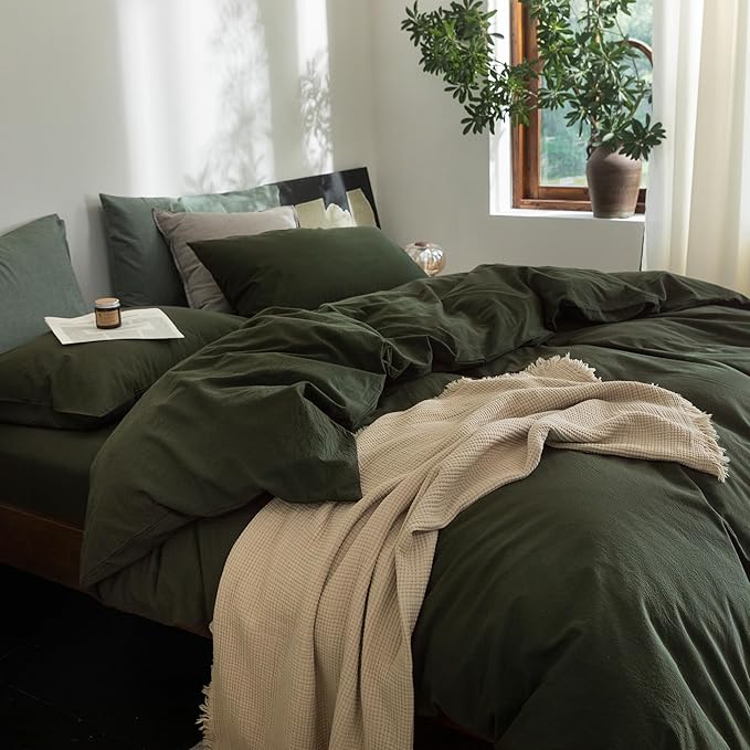 FOSSA Duvet Cover Set 100% Washed Cotton Linen Feel Super Soft Breathable Cozy 3 Pieces Bedding Sets Solid Olive Green Super Queen