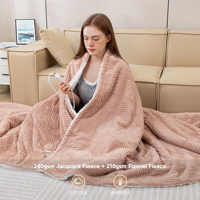 Heated Blanket King Size - 100"x90" Cozy Soft Jacquard Heating Blanket with 4 Heat Levels & 10 Hours Auto-Off, Jacquard Fleece, Overheating Protection, Warm Gifts, Brown