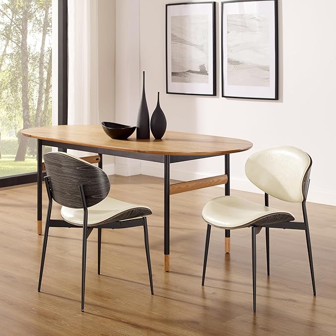 Art Leon Dining Chairs Set of 4, Black Oak Bentwood, Mid Century Modern Chair, Off White Faux Leather Kitchen Dining Room Chairs with Black Metal Legs, Accent Chairs for Bedroom