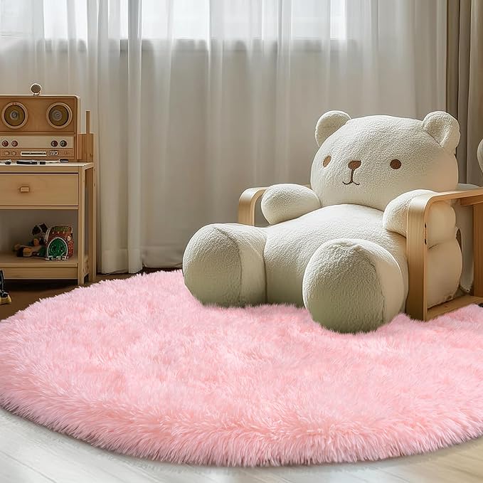 Round Fluffy Pink Rug for Bedroom, 4Ft Fuzzy Shag Circle Area Rug for Girls Kids Room Nursery, Soft Non Slip Plush Carpet for Dorm Living Room Home Decor