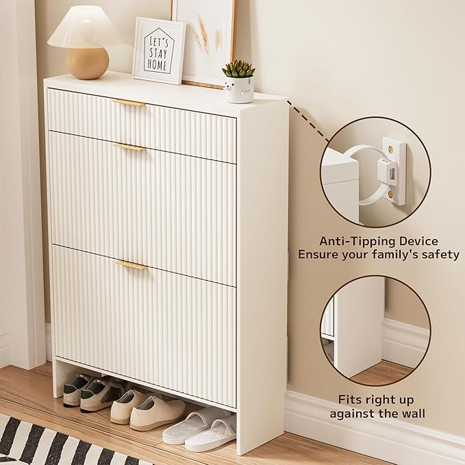 Fluted Shoe Cabinet Storage with 2 Flip Drawers & 1 Drawers, Wood Narrow Hidden Shoe Cabinet with Shelf for Entryway, Freestanding Slim Shoe Rack Organizer for Hallway Living Room(White)
