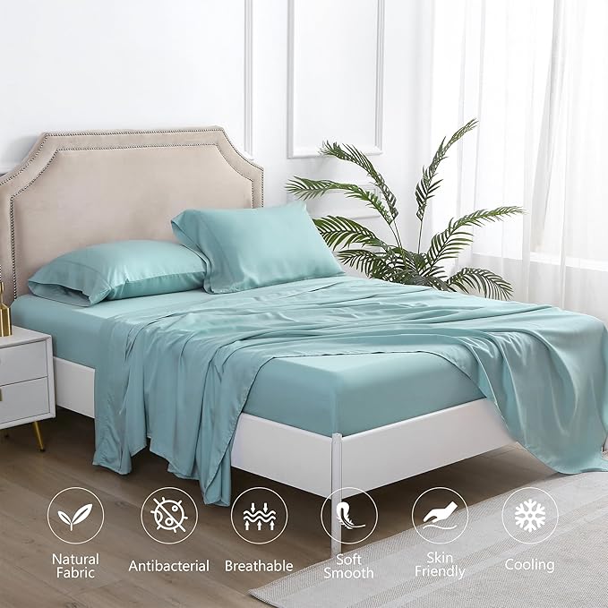 Linen World Lyocell Cooling Bed Sheets Set King Size,100% Organically Grown Viscose Sheets,Deep Pocket Up to 16",4 Pieces Silky Soft,Breathable Bedding Sheets & Pillowcases(Ice Blue,King)