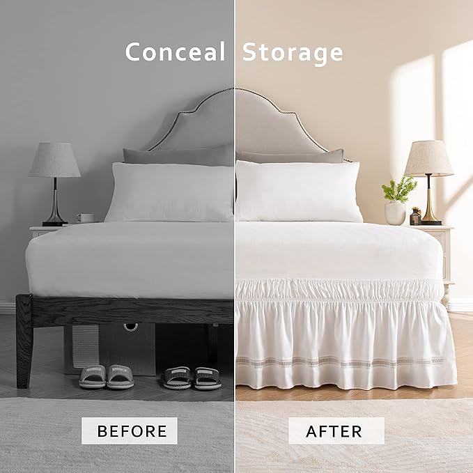 MIYE Wrap Around Ruffled Lace Bed Skirt, Elastic Dust Ruffle with Adjustable Belts,15 Inch Drop Easy to Put On, Bed Frame Cover, Machine Washable (Ruffled Lace, King/Queen-15)