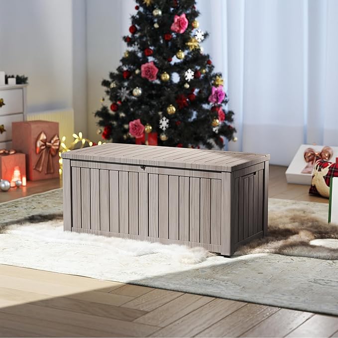 150 Gallon Outdoor Storage Box Waterproof, Resin Deck Boxes with Lockable Lid & UV-Resistant for Patio, Pool, Garden Furniture Cushions & Accessories, Coffee