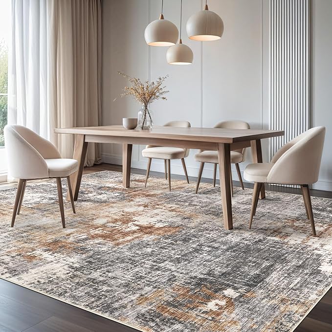 Area Rug Living Room Rugs - 6x9 Washable Large Soft Indoor Neutral Modern Abstract Low Pile Rug Carpet for Bedroom Dining Room Farmhouse Home Office - Grey Brown